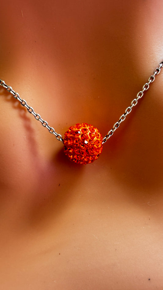 Collier Pendentif Boule en Cristal Orange sur Chaîne en Argent Véritable