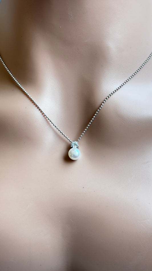 Collier Pendentif Perle Blanche sur Chaîne à Billes en Argent Véritable